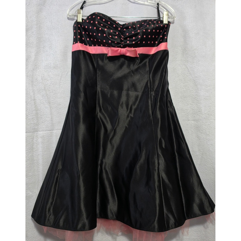 Vtg Jessica McClintock Gunne Sax Strapless Polka Dot Dress Black Pink 15/16